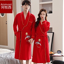 A Mu Xi nightgown couple Spring and Autumn long sleeve long-length mens wedding big red female bride morning robe festive pajamas
