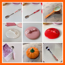 (Long time coming)Cute cartoon spoon Ceramic bow cup lid Mug peripheral with tableware