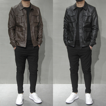 2021 winter new leather jacket men's multi-pocket jacket coat Korean slim casual lapel PU motorcycle leather coat