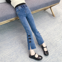 Girls jeans spring and autumn 2021 new fashion Korean little girl trousers bow Blue childrens Bell pants