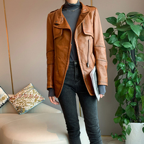 2021 spring and autumn new womens casual large size retro old sheepskin version of leather leather jacket medium-length slim-fit jacket