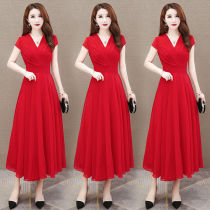 Large size chiffon dress womens short sleeve New 2021 summer French long knee slim dress long skirt summer