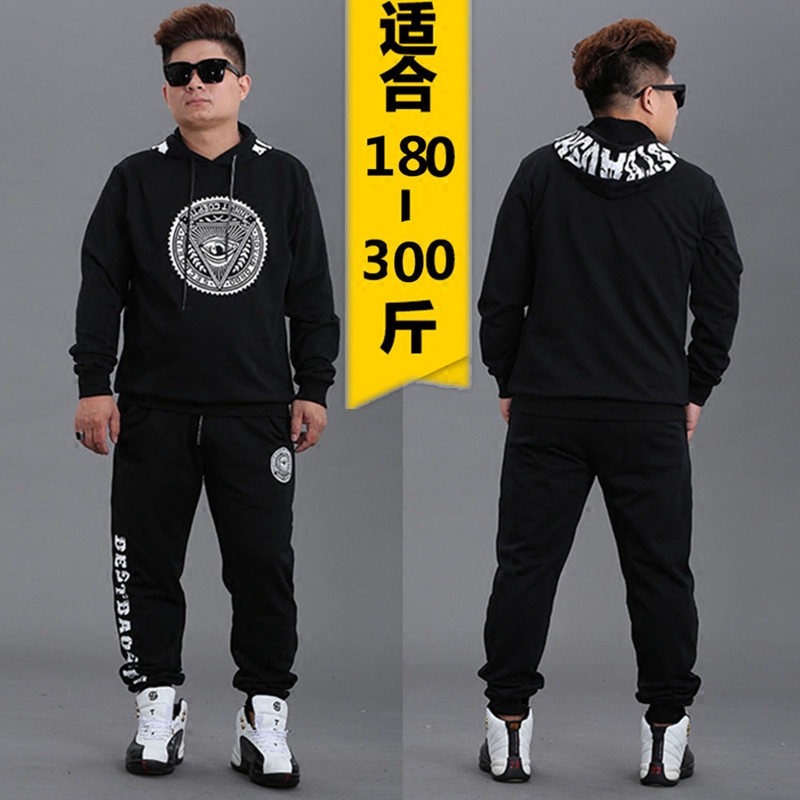 Spring fat plus fat plus size mens casual hooded sports suit two-piece set fashion trend fat man dress