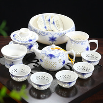 Qin Yi blue and white porcelain exquisite tea set Honeycomb hollow set Ceramic Kung Fu tea set Teapot Teacup Cover bowl