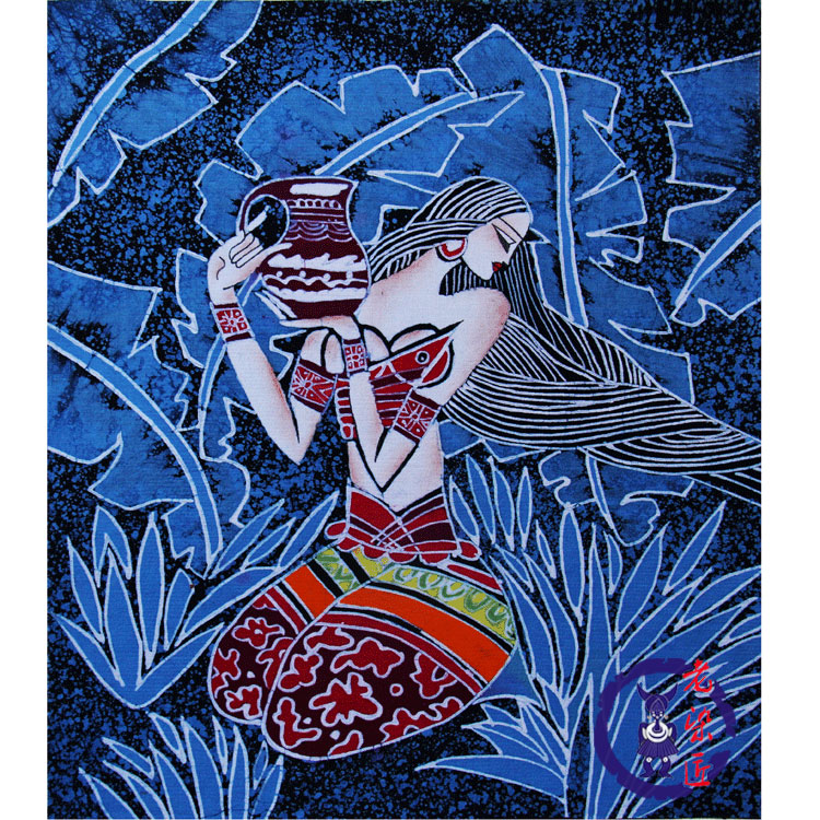 Nordic decorative style frame painting Xinshan Spring Anshun Miao pure hand batik cloth art 42*48cm