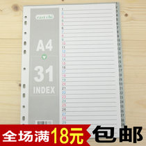 11-hole PVC paging paper A4 loose-leaf quick fishing folder Label classification paper 31-page PLASTIC index paper spacer paper
