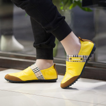 Sloth Shoes Men Casual Leather Shoes Soft Face Leather Low Bunch Shoes Genuine Leather Light Yellow Driving Shoes A foot pedal Korean version of the tide