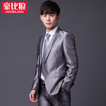 Silver gray bright face suit suit suit men Korean version slim suit suit suit dress groom wedding dress autumn