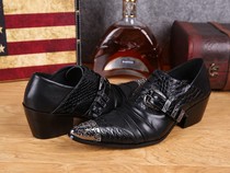 New pointed lace-up leather fish pattern British casual high-heel business dress catwalk trend personality mens shoes
