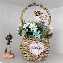 Straw weaving mini basket weaving rattan lace princess flower girl photo props round flower arrangement hand flower basket