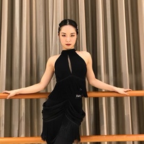 2021 new Fairy Latin dance suit streaming Su bag hip rear open fork half body dress Two wearing black-CR008