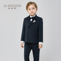 Lamison advanced sense Tibetan blue herringbone boy presided over the suit piano show catwalk handsome boy dress