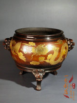  Antique collection Gilt copper real gold incense burner Double lion ears Xianglong opera beads Old copper art home decoration ornaments