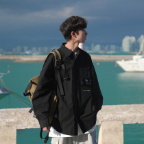 E Hezi new mens long sleeve shirt Japanese embroidery tooling three-dimensional pocket decoration student shirt jacket