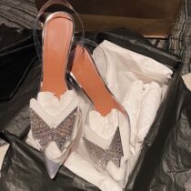 2022 spring and summer new water drill butterfly knot high heel shoes female fine heel pointed transparent fairy water crystal shoes Baotou sandal