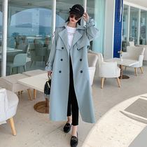 Blue windbreaker womens long 2021 autumn new Korean version loose small waist thin over-the-knee coat tide