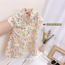 Girls cotton floral foreign style dress 2021 short sleeve Chinese style childrens improved cheongsam baby Tang dress skirt