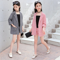 Spring dress girl suit suit 2021 summer dress thin Korean version of the middle child foreign style small suit three-piece childrens shirt