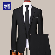  Romon suit suit mens young and middle-aged casual Korean version of mens business small suit Best man groom wedding dress black