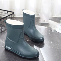 Plus velvet rain boots men wear fashion medium tube warm rubber shoes one piece velvet water shoes waterproof non-slip work fishing rain boots