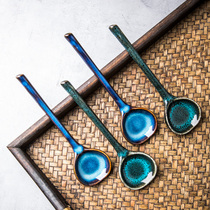  You porcelain Japanese retro long-handled ceramic spoon Household restaurant eating small spoon Creative round spoon small soup spoon