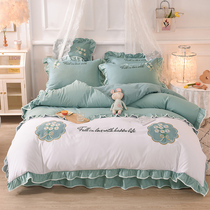 Bean green small fresh embroidery bed four-piece set Cotton cotton sheet quilt cover Princess wind bed skirt style bedspread bed sheet