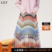 LILY2021 new womens color striped pleated medium long mesh skirt color design model