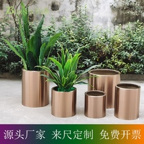 Simulation green plant stainless steel cylinder rose gold hotel flower plant set pot womens clothing store Potted props