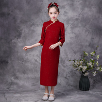 Girl Velvet Qipao Qipao Spring Autumn Season 2023 New Winter Children Red Senior National Wind Small Qipao Retro Costume