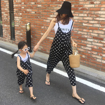  Korean childrens clothing summer girls jumpsuit Chiffon polka dot sling nine-point pants casual strap jumpsuit parent-child outfit