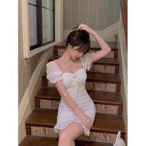 White bubble sleeve hip skirt Women summer 2021 new small skirt light mature wind ruffle dress