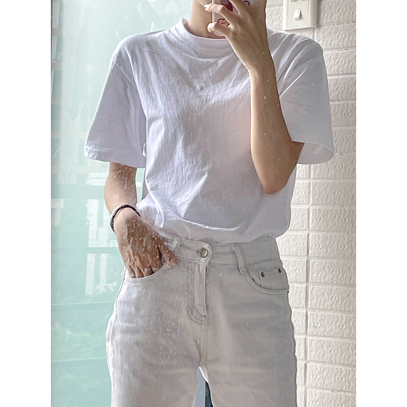 White loose fitting short sleeved front shoulder t-shirt for women 2023 new summer solid color T-shirt with bottom lining and top made of pure cotton