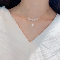 Korean pearl necklace fashion female summer sterling silver high-end light luxury niche design sense double pendant clavicle chain