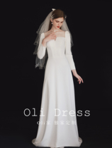Oli Family Bride Wedding Long Skirt Woman White 2022 long sleeves dress satin to host dinner Travel Fairy Gas small