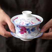 Domeiran large-size gaiwan Blue and white porcelain three fort tea bowl Large-capacity ceramic three-cai bowl Ningxia Babao Tea cup