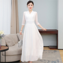 Hanfu female fairy art retro Chinese style womens Zen clothing tea art clothing summer thin modified cheongsam dress