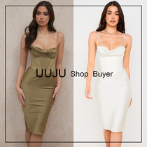 Spot house of cb dress 21SS new niche fishbone waist slim satin olive green suspenders