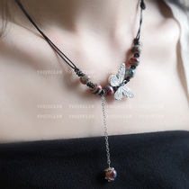 YOUJUclub-Smoky Rain Butterfly ~ Guochao Tide Retro National Wind String Pearl Butterfly Necklace New Chinese Ancient Wind Lock Bone Chain
