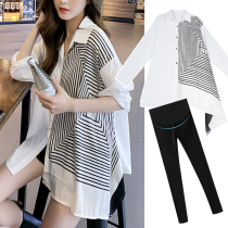 Pregnant women autumn set fashion 2021 New stripe shirt loose top spring and autumn shirt two-piece tide