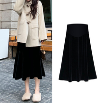 Pregnant womens skirt Spring and Autumn thin gold velvet belly support A-line version of the hip umbrella skirt mid-length thin fishtail skirt