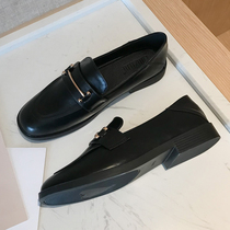 British style small leather shoes women 2021 Autumn New Square head metal buckle flat heel soft leather single shoes women a pedal Joker