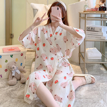 Sleeping Skirt Woman Summer Pure Cotton Cotton Cloth And Sleeping Robe Cotton Linen Thin-style bathrobe sweat Steamed Clothes half sleeves Sleeping Clothes Spring Autumn