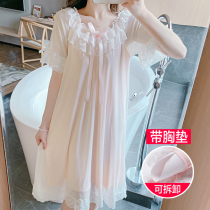 Nightdress female summer ice silk modal lace mesh sweet court fairy princess wind belt chest pad pajamas skirt