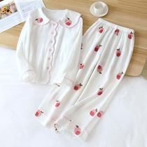 Spring and autumn crepe pajamas women cotton gauze home clothing set long sleeve nine wide leg pants thin cotton peaches