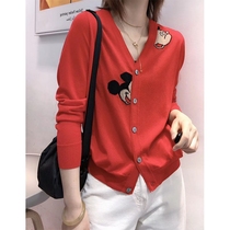 European Station 2021 Spring and Autumn New V Neck Knitted Cardigan Women Cartoon Embroidered Sweater Thin Loose Long Sleeve Top