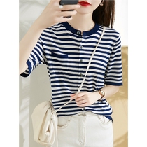 European station striped short sleeve T-shirt female summer 2021 New loose casual design sense niche Joker knit top