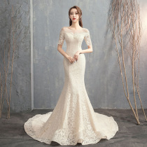 Fish tail wedding dress shoulder 2021 New Moren line thin bride wedding dress long trailing trembles with luxury