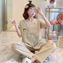 2021 new cotton and hemp pajamas womens summer ins wind short-sleeved trousers students pure cotton thin plaid home clothes