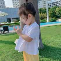 2021 summer new girl cotton linen casual shirt children short sleeve baby Korean solid color childrens coat