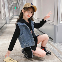  Girls denim vest autumn Korean version of spring and autumn outer wear vest Big childrens waistcoat Western style little girl vest jacket